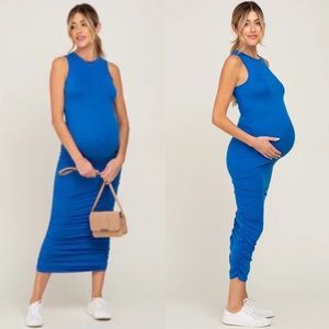 PINKBLUSH Blue Basic Ruched Maternity Midi Dress